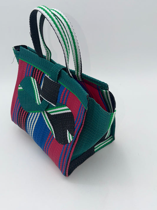 Candy Medium handwoven tote bag by SCRUBIES in Green,Pink,Blue,White with Stripes design and Bow accent pattern