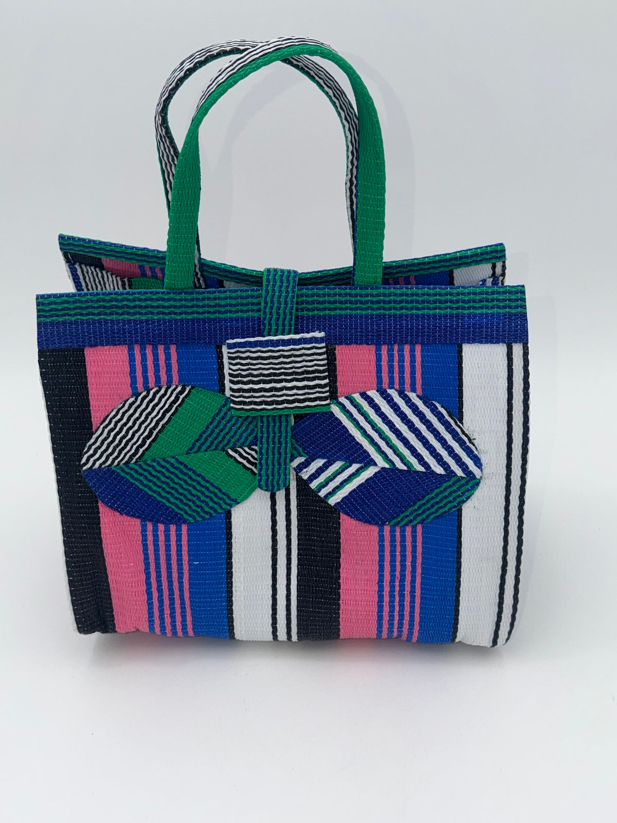 Candy Medium handwoven tote bag by SCRUBIES in Blue,Black,Pink,White,Green, with Stripes design and Bow accent pattern