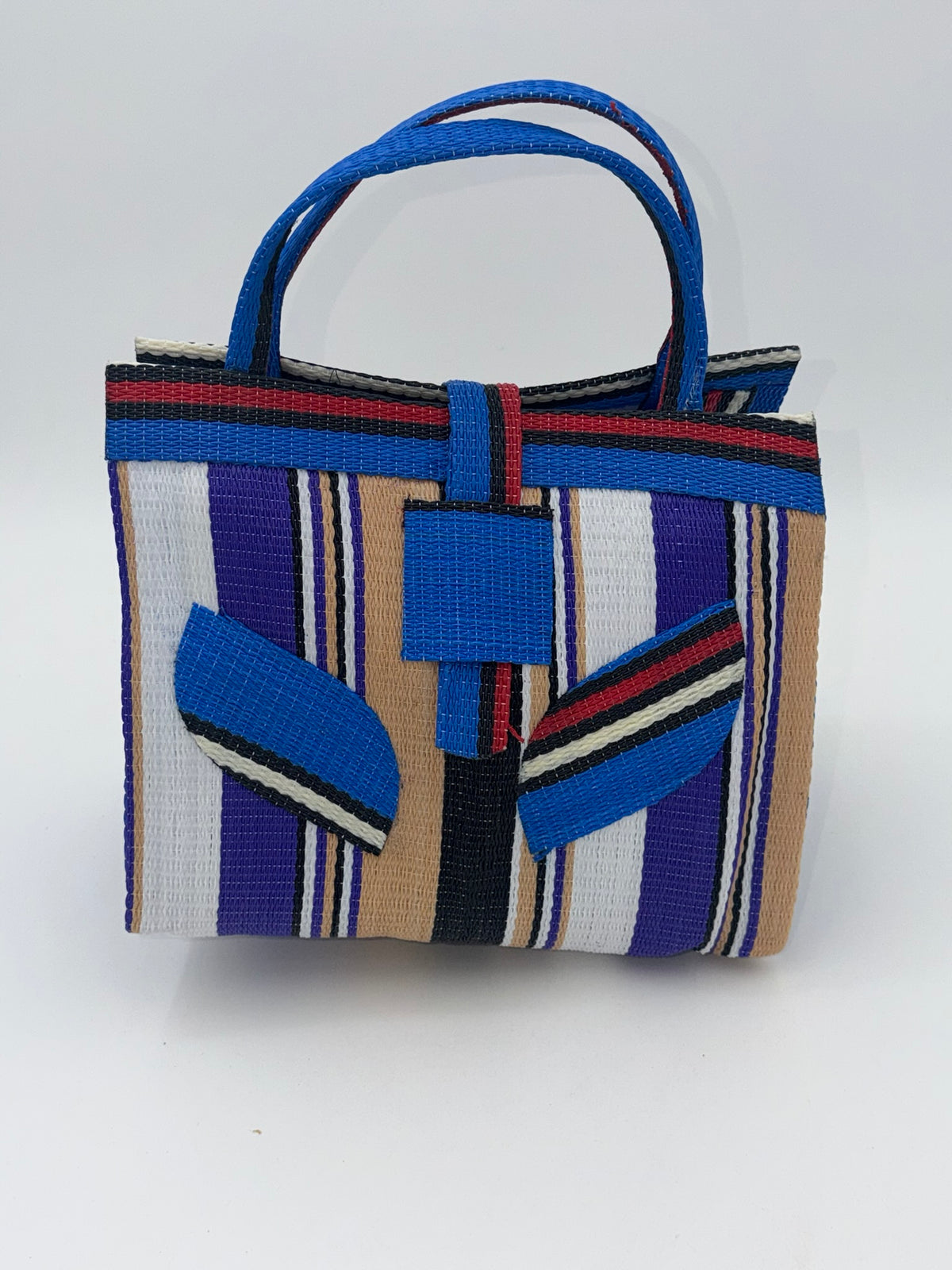 Lavender Medium handwoven tote bag by SCRUBIES in Beige,White,Purplr,Black with Stripes design and Leaf accent pattern