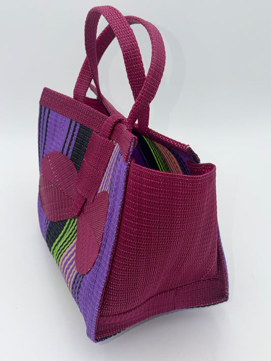 Lavender Medium handwoven tote bag by SCRUBIES in Wine,Purple,Black with Stripes design and Bow accent pattern