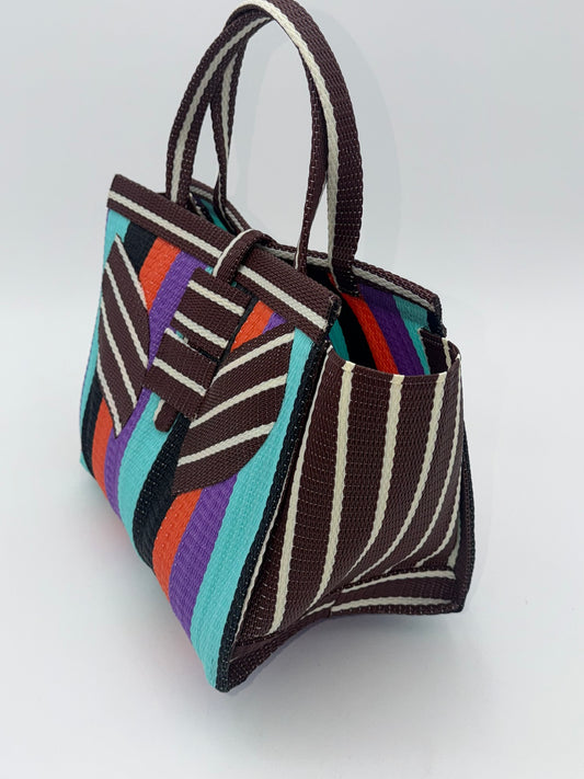 Candy Medium handwoven tote bag by SCRUBIES in Brown,Teal,Black,Orange,Purple with Block design and Leaf accent pattern