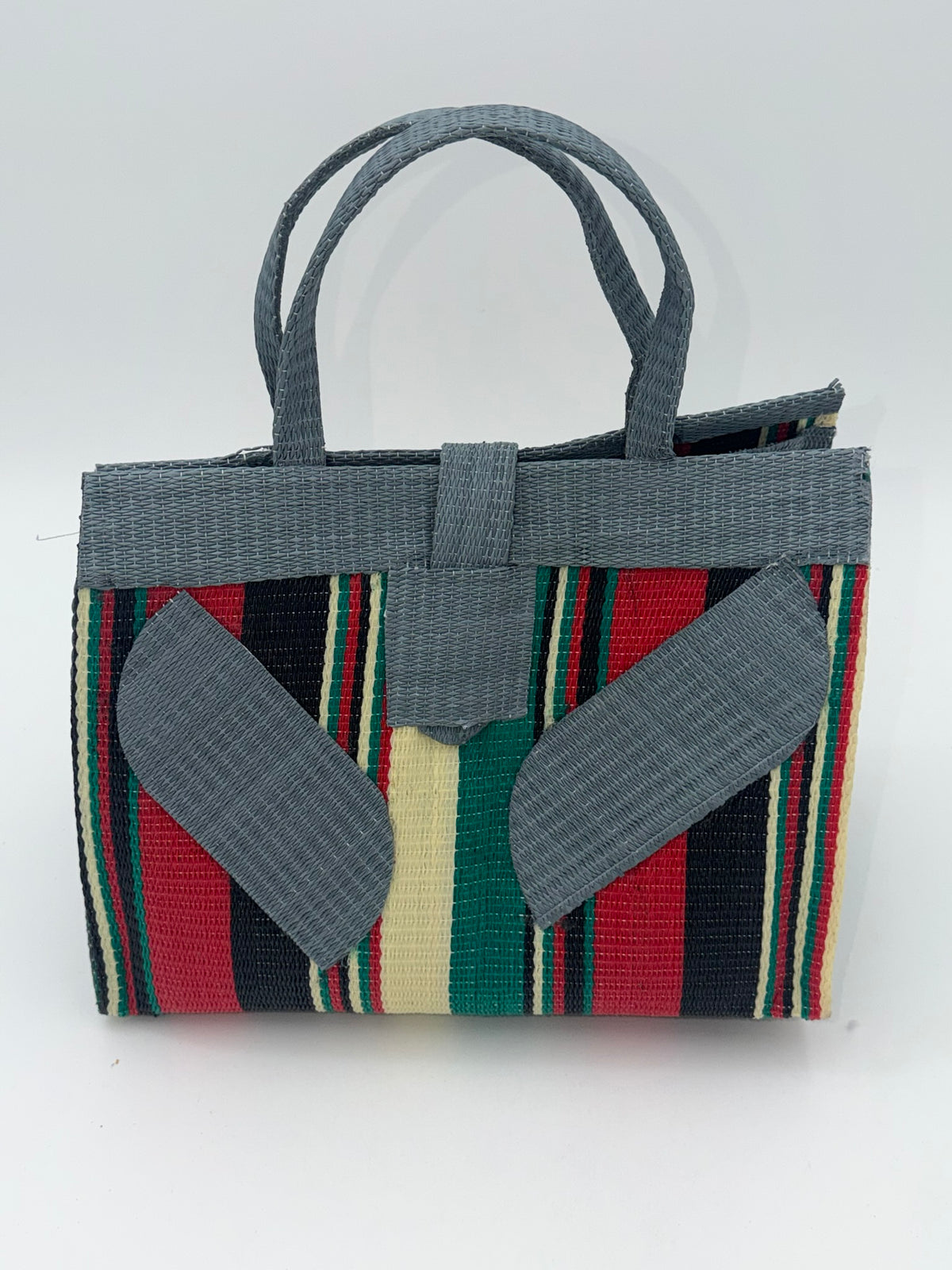 Arabian Medium handwoven tote bag by SCRUBIES in Gray,Cream,Black,Red,Green with Stripes design and Leaf accent pattern