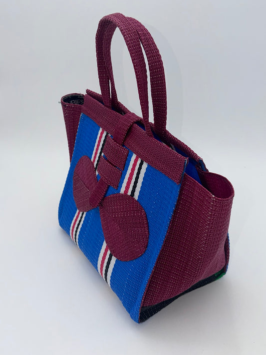 Lagoon Medium handwoven tote bag by SCRUBIES in Wine,Blue,White with Stripes design and Bow accent pattern