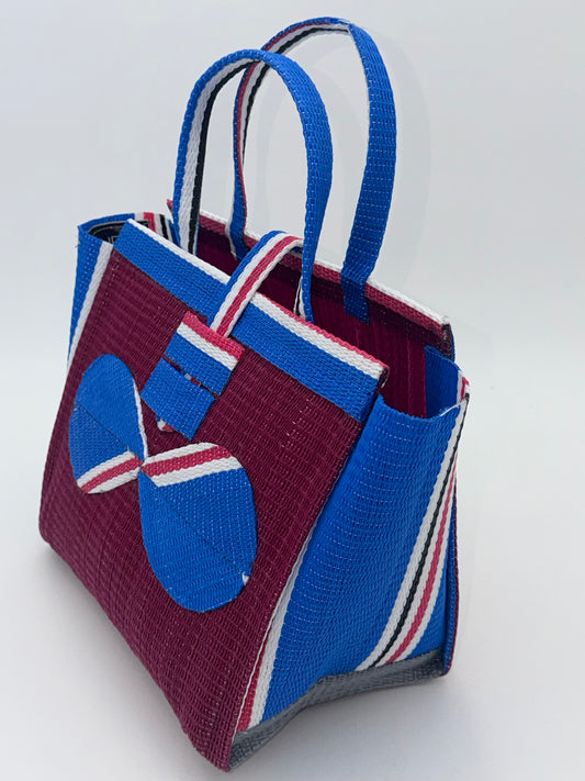 Winery Medium handwoven tote bag by SCRUBIES in Wine,Blue,White with Solid design and Bow accent pattern
