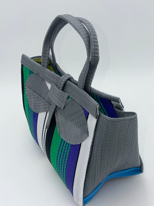 Lavender Medium handwoven tote bag by SCRUBIES in Gray,Green,White,Blue,Black with Stripes design and Bow accent pattern