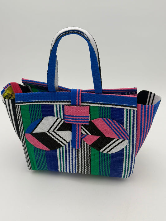 Emerald Medium handwoven tote bag by SCRUBIES in Blue,Pink,White,Black with Stripes design and Bow accent pattern