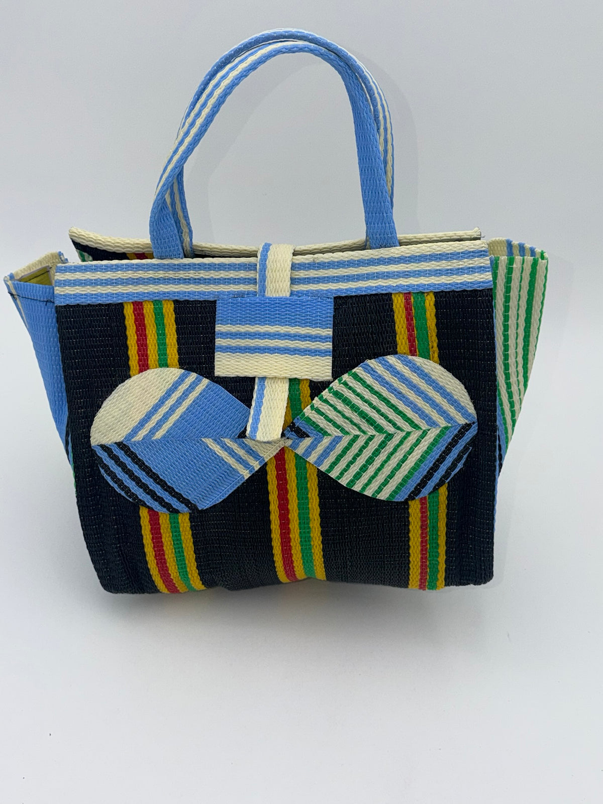 Midnight Medium handwoven tote bag by SCRUBIES in Black,Blue,Yellow with Stripes design and Bow accent pattern