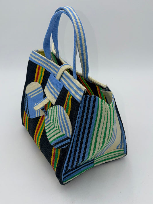 Midnight Medium handwoven tote bag by SCRUBIES in Black,Yellow,Blue with Stripes design and Bow accent pattern