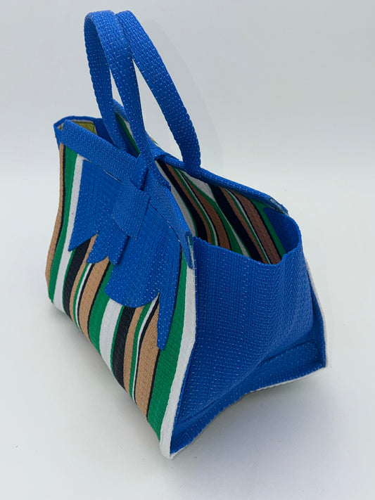 Beige Medium handwoven tote bag by SCRUBIES in Blue,Beige,Green,White,Black, with Stripes design and Abstract accent pattern