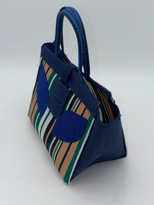 Beige Medium handwoven tote bag by SCRUBIES in Blue,Beige,Green,White,Black, with Stripes design and Leaf accent pattern