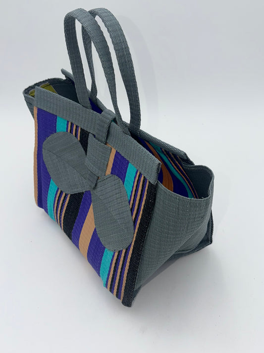 Lavender Medium handwoven tote bag by SCRUBIES in Gray,Purple,Teal,Beige,Black with Stripes design and Bow accent pattern