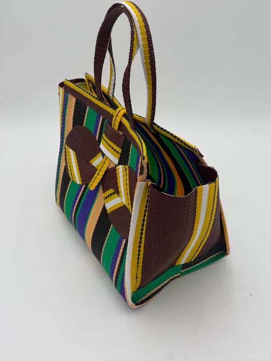 Lavender Medium handwoven tote bag by SCRUBIES in Brown,Beige,Black,Green,Purple with Stripes design and Bow accent pattern