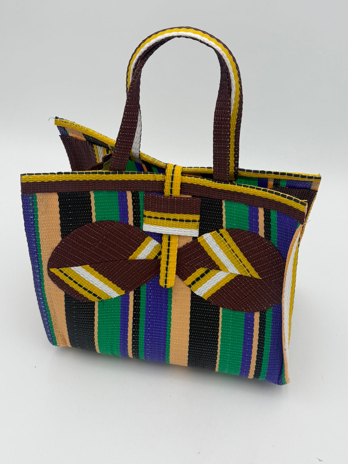 Lavender Medium handwoven tote bag by SCRUBIES in Brown,Beige,Black,Green,Purple with Stripes design and Bow accent pattern