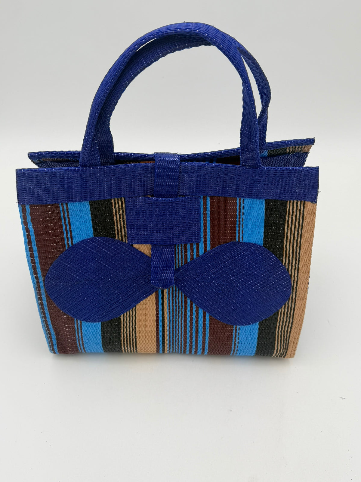 Beige Medium handwoven tote bag by SCRUBIES in Blue,Black,Beige with Stripes design and Bow accent pattern
