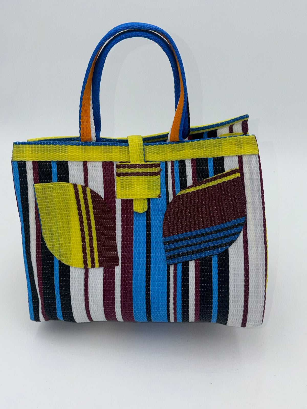 Berry Medium handwoven tote bag by SCRUBIES in Yellow,Blue,White,Wine with Stripes design and Leaf accent pattern