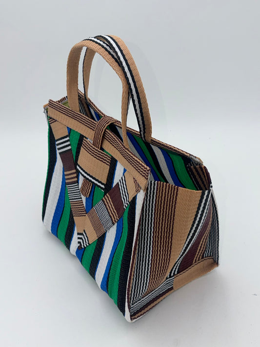 Emerald Medium handwoven tote bag by SCRUBIES in Beige,Green,White,Black with Stripes design and Vee accent pattern