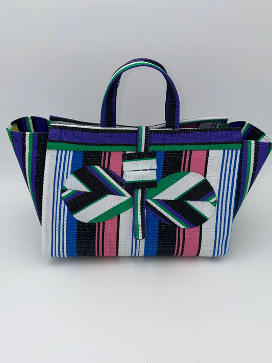Candy Large handwoven tote bag by SCRUBIES in Purple,Blue,White,Pink, with Stripes design and Bow accent pattern