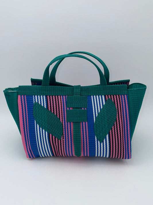Candy Large handwoven tote bag by SCRUBIES in Green,Pink,Wine with Stripes design and Leaf accent pattern
