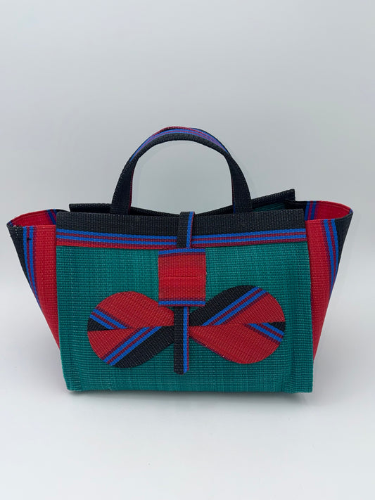 Emerald Large handwoven tote bag by SCRUBIES in Green,Red,Black,Blue with Solid design and Bow accent pattern