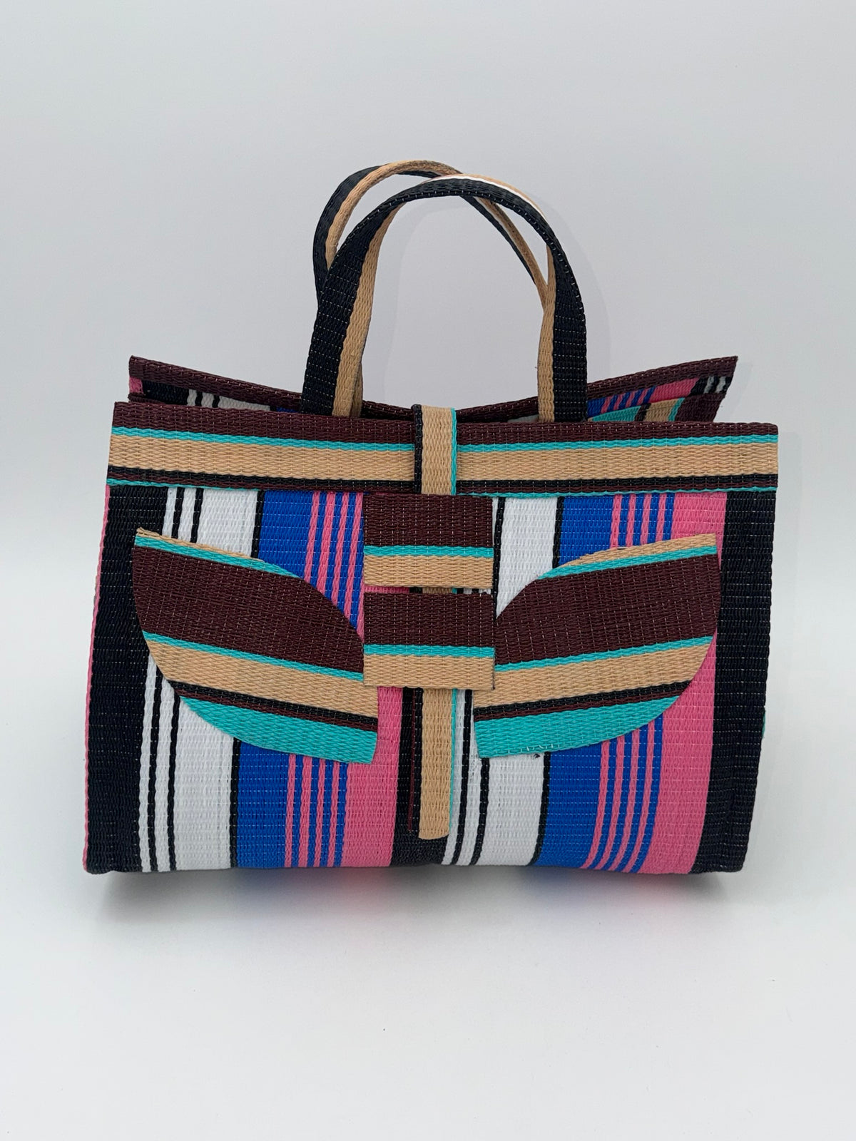 Candy Large handwoven tote bag by SCRUBIES in Pink,Blue,White,Wine,Beige,Brown with Stripes design and Leaf accent pattern