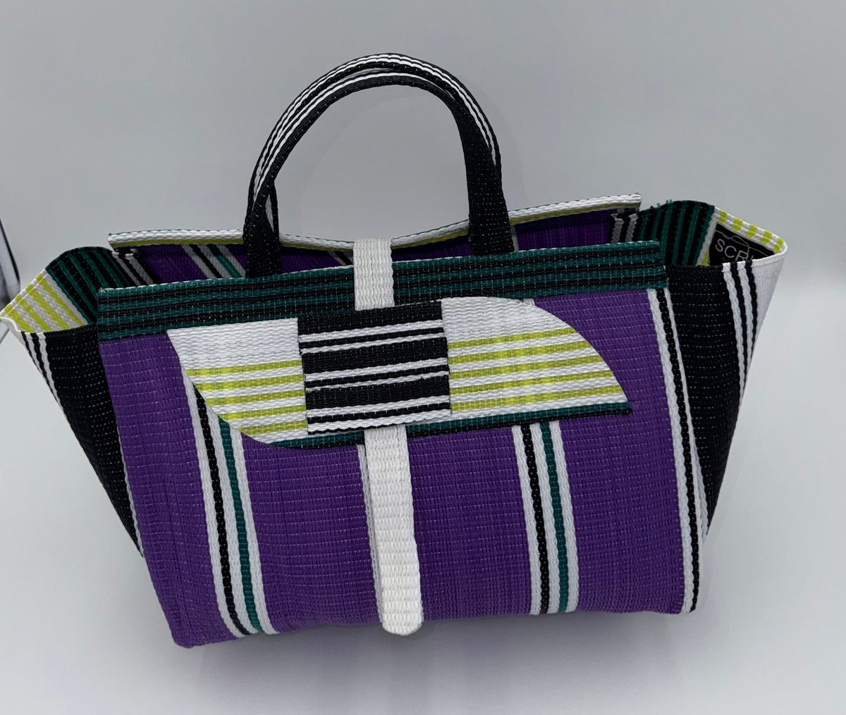 Lavender Large handwoven tote bag by SCRUBIES in Purple,White with Stripes design and Almond accent pattern