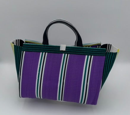 Lavender Large handwoven tote bag by SCRUBIES in Purple,White with Stripes design and Almond accent pattern