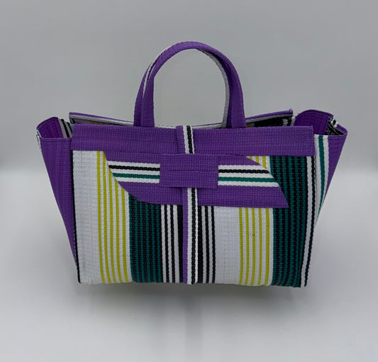 Pearl Large handwoven tote bag by SCRUBIES in Purple,White,Green,Lime with Stripes design and Almond accent pattern