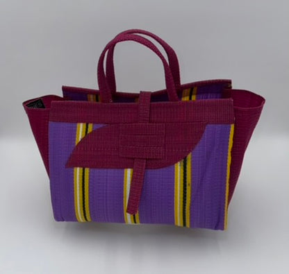 Lavender Large handwoven tote bag by SCRUBIES in Wine,Prple,Yellow with Stripes design and Almond accent pattern