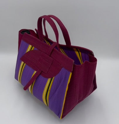 Lavender Large handwoven tote bag by SCRUBIES in Wine,Prple,Yellow with Stripes design and Almond accent pattern