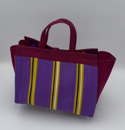 Lavender Large handwoven tote bag by SCRUBIES in Wine,Prple,Yellow with Stripes design and Almond accent pattern