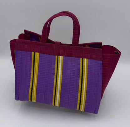 Lavender Large handwoven tote bag by SCRUBIES in Wine,Prple,Yellow with Stripes design and Almond accent pattern