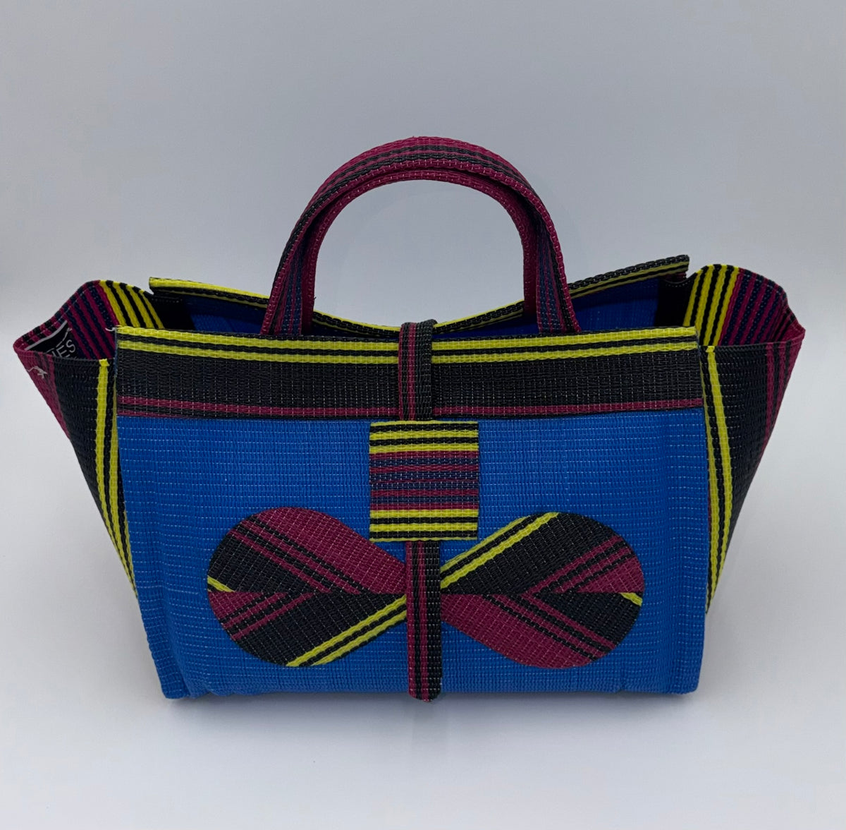Lagoon Large handwoven tote bag by SCRUBIES in Blue,Wine,Yellow,Black with Solid design and Bow accent pattern