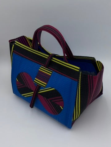 Lagoon Large handwoven tote bag by SCRUBIES in Blue,Wine,Yellow,Black with Solid design and Bow accent pattern