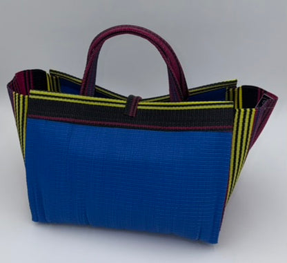 Lagoon Large handwoven tote bag by SCRUBIES in Blue,Wine,Yellow,Black with Solid design and Bow accent pattern