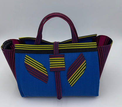 Lagoon Large handwoven tote bag by SCRUBIES in Blue,Wine,Yellow,Black with Solid design and Leaf accent pattern