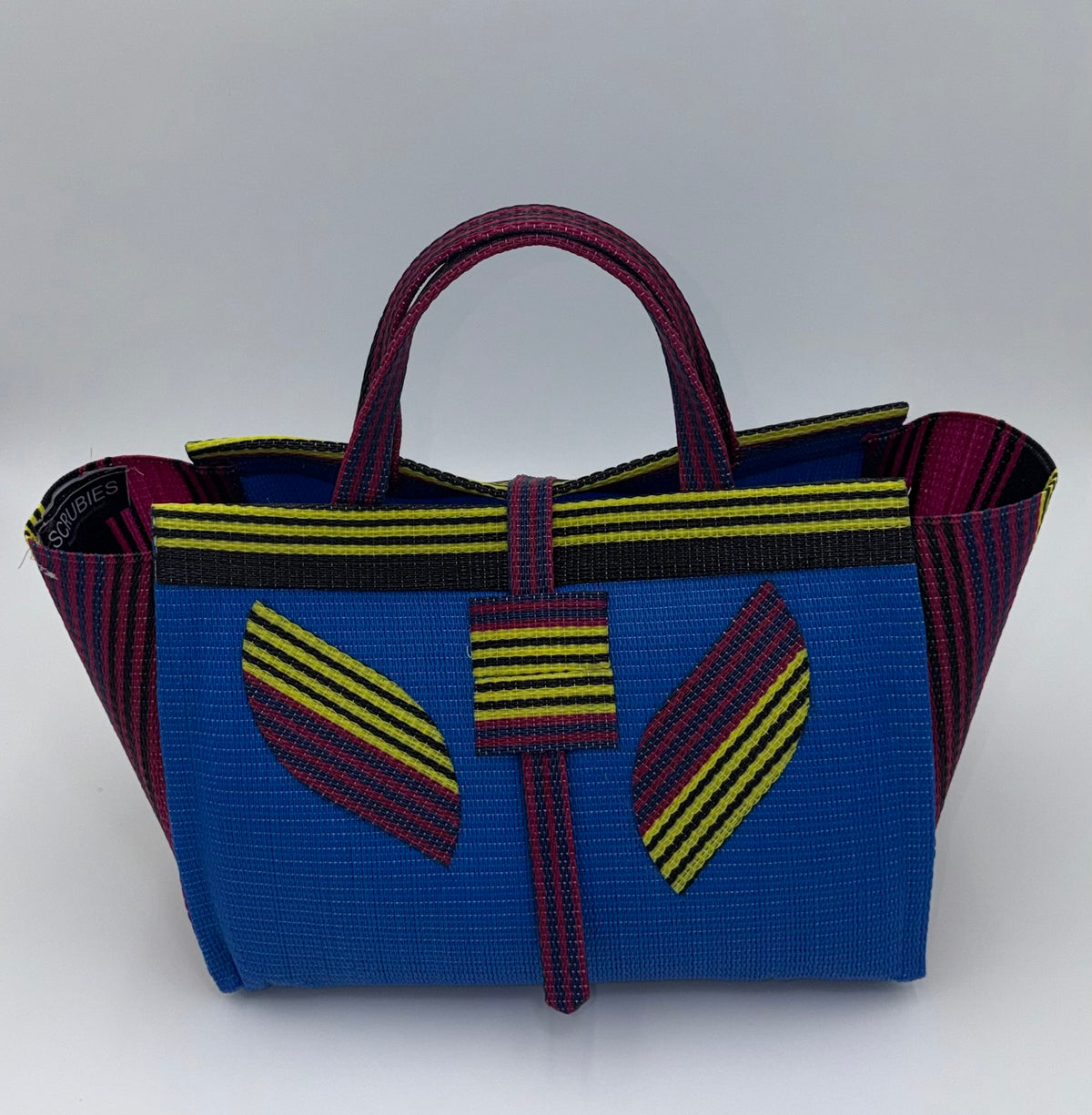Lagoon Large handwoven tote bag by SCRUBIES in Blue,Wine,Yellow,Black with Solid design and Leaf accent pattern