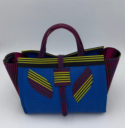 Lagoon Large handwoven tote bag by SCRUBIES in Blue,Wine,Yellow,Black with Solid design and Leaf accent pattern
