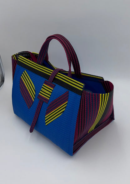 Lagoon Large handwoven tote bag by SCRUBIES in Blue,Wine,Yellow,Black with Solid design and Leaf accent pattern