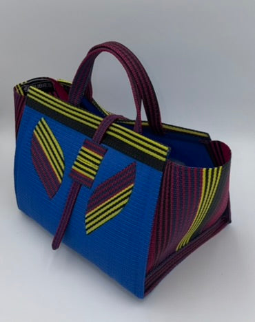 Lagoon Large handwoven tote bag by SCRUBIES in Blue,Wine,Yellow,Black with Solid design and Leaf accent pattern