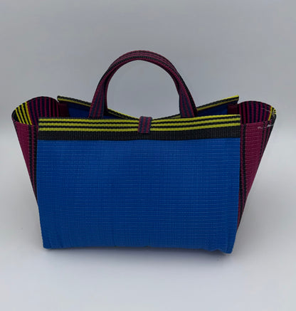 Lagoon Large handwoven tote bag by SCRUBIES in Blue,Wine,Yellow,Black with Solid design and Leaf accent pattern