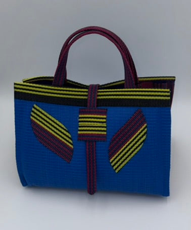 Lagoon Large handwoven tote bag by SCRUBIES in Blue,Wine,Yellow,Black with Solid design and Leaf accent pattern