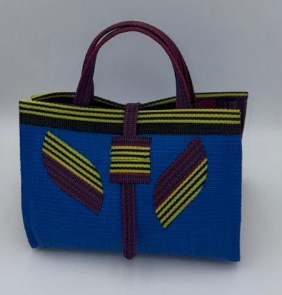 Lagoon Large handwoven tote bag by SCRUBIES in Blue,Wine,Yellow,Black with Solid design and Leaf accent pattern