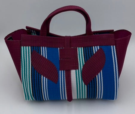 Berry Large handwoven tote bag by SCRUBIES in Blue,White,Wine,Teal with Stripes design and Leaf accent pattern
