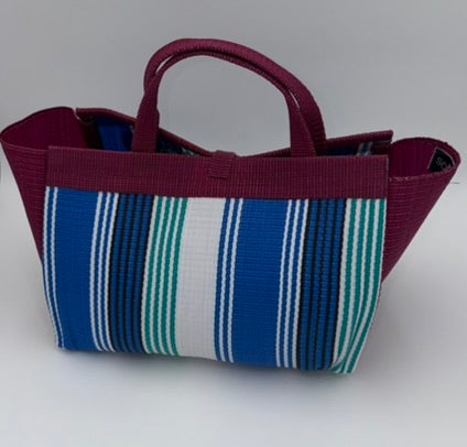 Berry Large handwoven tote bag by SCRUBIES in Blue,White,Wine,Teal with Stripes design and Leaf accent pattern