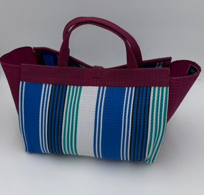 Berry Large handwoven tote bag by SCRUBIES in Blue,White,Wine,Teal with Stripes design and Leaf accent pattern