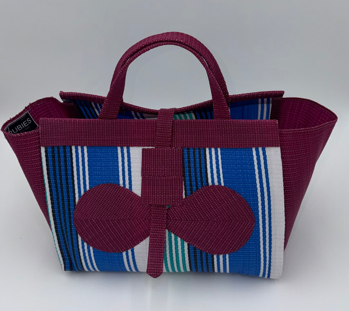 Berry Large handwoven tote bag by SCRUBIES in Blue,White,Wine,Teal with Stripes design and Bow accent pattern
