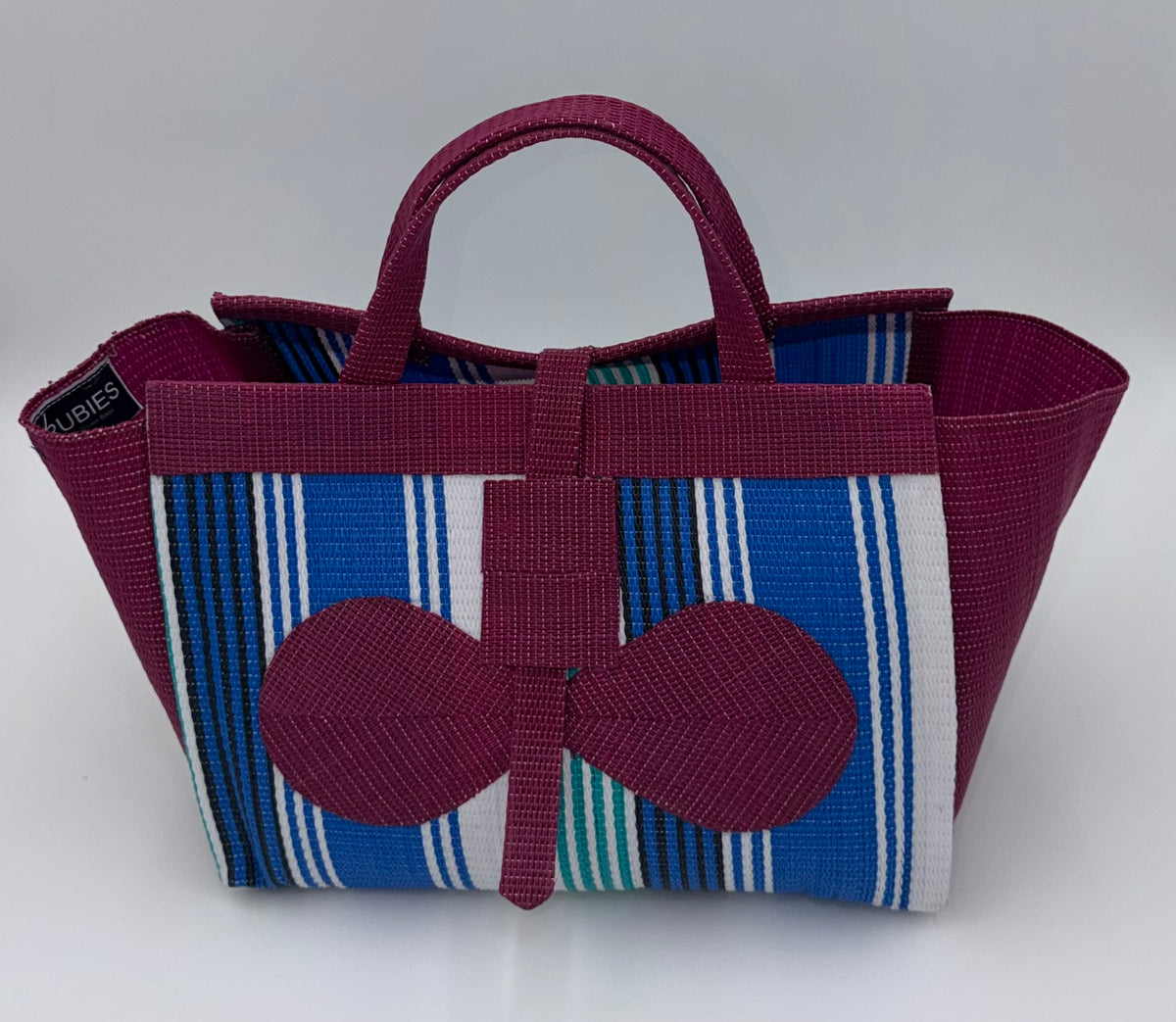 Berry Large handwoven tote bag by SCRUBIES in Blue,White,Wine,Teal with Stripes design and Bow accent pattern