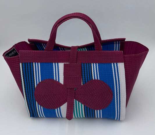 Berry Large handwoven tote bag by SCRUBIES in Blue,White,Wine,Teal with Stripes design and Bow accent pattern