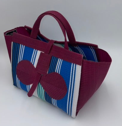 Berry Large handwoven tote bag by SCRUBIES in Blue,White,Wine,Teal with Stripes design and Bow accent pattern