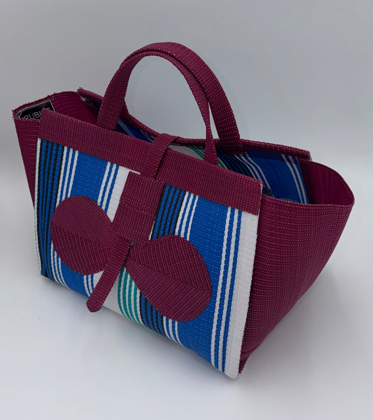 Berry Large handwoven tote bag by SCRUBIES in Blue,White,Wine,Teal with Stripes design and Bow accent pattern